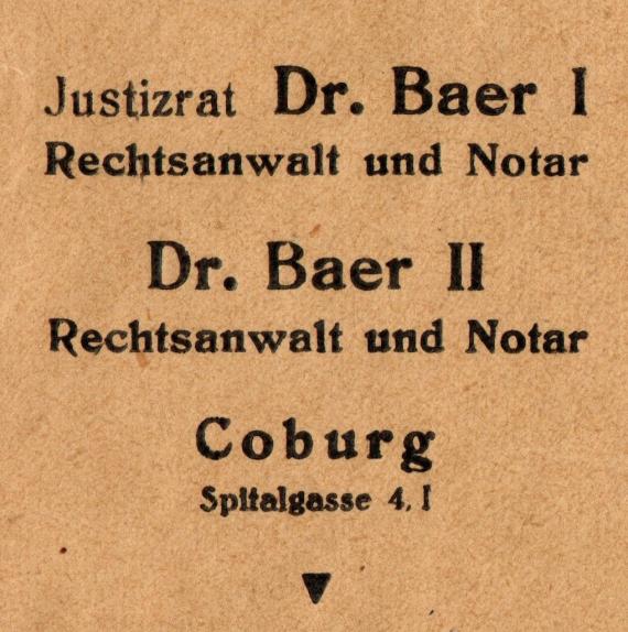 Kanzlei-Briefumschlag " Justizrat Dr. Baer I, Rechtsanwalt und Notar - Dr. Baer II, Rechtsanwalt und Notar ", Coburg, Spitalgasse 4.I - versandt am 2. Januar 1928  - Ausschnittvergrößerung Kanzleiname