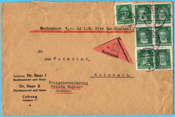 Kanzlei-Briefumschlag " Justizrat Dr. Baer I, Rechtsanwalt und Notar - Dr. Baer II, Rechtsanwalt und Notar ", Coburg, Spitalgasse 4.I - versandt am 2. Januar 1928  