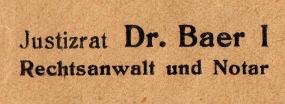 Law firm envelope " Justizrat Dr. Baer I, Rechtsanwalt und Notar - Dr. Baer II, Rechtsanwalt und Notar ", Coburg, Spitalgasse 4.I - mailed January 2, 1928 - clipping enlargement law firm name