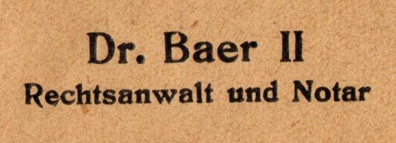 Kanzlei-Briefumschlag " Justizrat Dr. Baer I, Rechtsanwalt und Notar - Dr. Baer II, Rechtsanwalt und Notar ", Coburg, Spitalgasse 4.I - versandt am 2. Januar 1928  - Ausschnittvergrößerung Kanzleiname