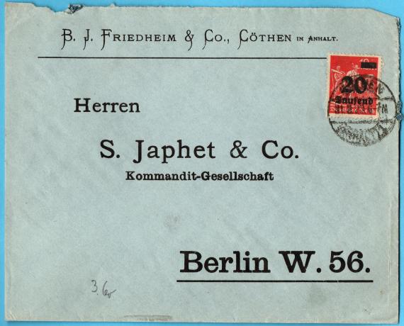 Briefumschlag an die Herren " S. Japhet & Co. - Kommandit-Gesellschaft " - Berlin W. 56. - versandt am 31. März 1923