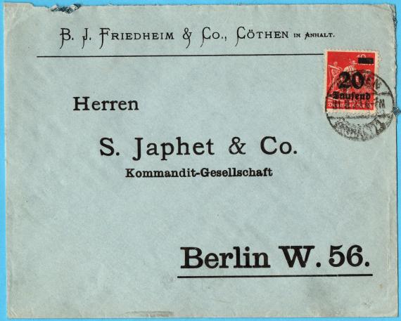 Briefumschlag " B. J. Friedheim & Co "., Cöthen in Anhalt - versandt am 31. März 1923  