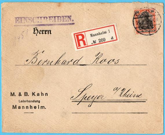 Business envelope from " Lederhandlung M. & B. Kahn " of Mannheim to Mr. " Bernhard Roos " in Speyer a. Rhine, - mailed January 21, 1914