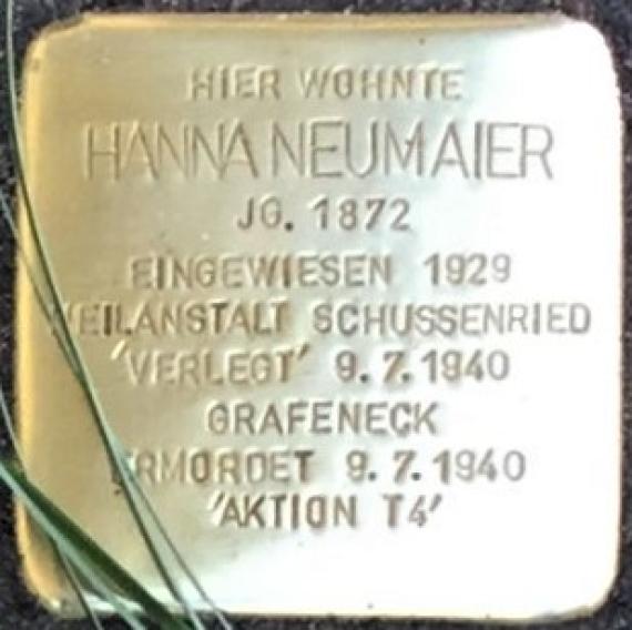 Stolperstein für Hanna Neumaier, - wohnhaft bis 1929 in Lauchheim, Hauptstraße 39