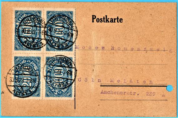 Postkarte geschäftlicher Art an Herrn Moses Rosenzweig, Cöln Melaten, Aachener Straße 220, - versandt am 30. August 1923