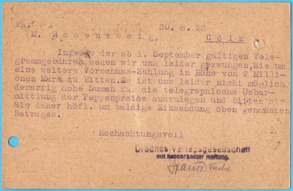 Postcard of a business nature to Mr. Moses Rosenzweig, Cöln Melaten, Aachener Straße 220, - mailed August 30, 1923 - back of card