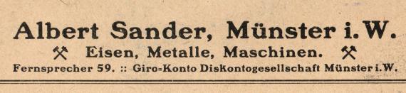 Geschäftspostkarte von " Albert Sander, -  Eisen, Metalle, Maschinen, - Münster i. W. - versandt am 18. November 1921 - Ausschnittvergrößerung Firmenname