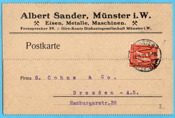 Geschäftspostkarte von " Albert Sander, -  Eisen, Metalle, Maschinen, - Münster i. W. - versandt am 18. November 1921 