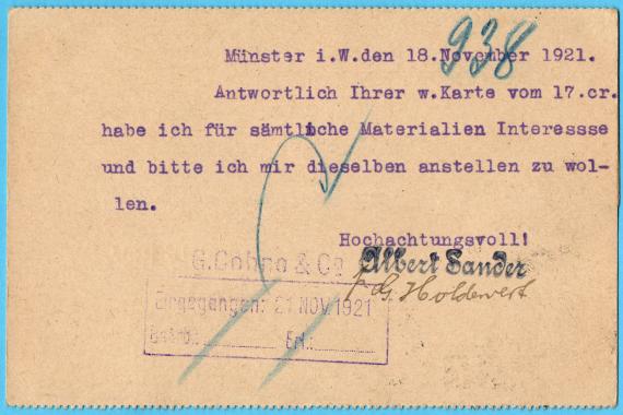 Geschäftspostkarte von " Albert Sander, -  Eisen, Metalle, Maschinen, - Münster i. W. - versandt am 18. November 1921 - Kartenrückseite