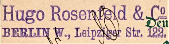 Postcard of business nature, - sent by " Hugo Rosenfeld & Co. - Berlin, Leipziger Straße 122 " on October 29, 1889 - detail enlargement company address