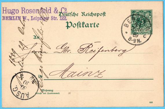 Postkarte geschäftlicher Art, - versandt von " Hugo Rosenfeld & Co. - Berlin, Leipziger Straße 122 " am 29. Oktober 1889 