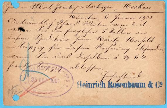 Postcard of business nature from " Heinrich Rosenbaum & Co. " - sent to Moscow on January 6, 1902 - back of card