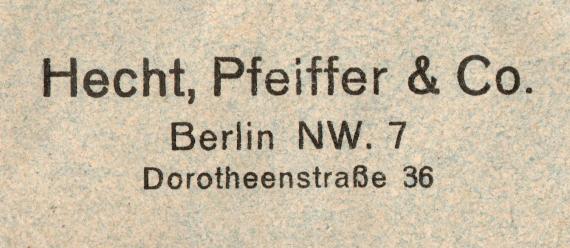 Briefumschlag der Firma " Hecht,Pfeiffer & Co "., Berlin NW. 7 Dorotheenstraße 36 - versandt am 8. April 1931 - Ausschnittvergrößerung Firmenadresse