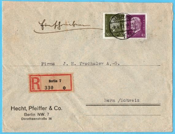 Envelope of the company " Hecht,Pfeiffer & Co "., Berlin NW. 7 Dorotheenstraße 36 - mailed on April 8, 1931