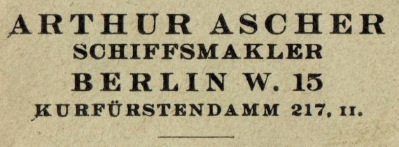 Briefumschlag von " Arthur Ascher, Schiffsmakler, Berlin W. 15. Kurfürstendamm 217/II " - versandt am 11. Dezember 1930 - Ausschnittvergrößerung Geschäftsadresse