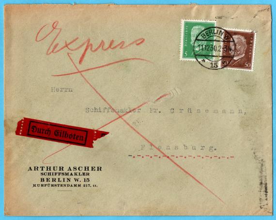 Envelope from " Arthur Ascher, Ship Broker, Berlin W. 15. Kurfürstendamm 217/II " - mailed December 11, 1930