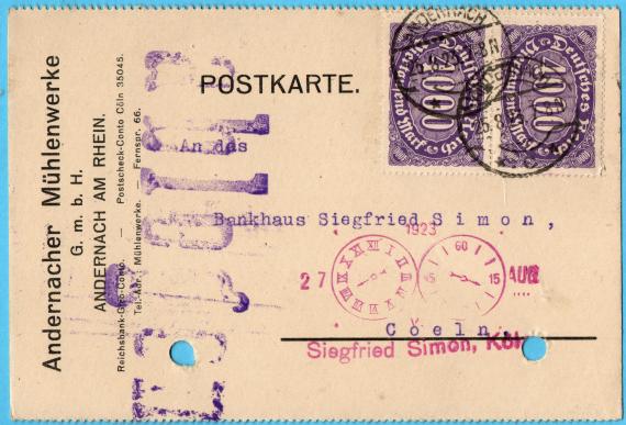 Postkarte geschäftlicher Art an das " Bankhaus Siegfried Simon " in Coeln - versandt am 25. August 1923 