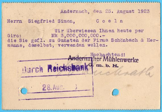 Postkarte geschäftlicher Art an das " Bankhaus Siegfried Simon " in Coeln - versandt am 25. August 1923 - Kartenrückseite