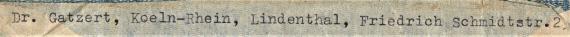 Briefumschlag von " Dr. Gatzert, Koeln-Rhein, Lindenthal, Friedrich Schmidtstr. 2 " - versandt am 15. Oktober 1940 in die USA nach New York  City. 1359 Broadway -  Zensurpost - Ausschnittvergrößerung - Absender-Adresse