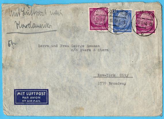 Envelope from " Dr. Gatzert, Koeln-Rhein, Lindenthal, Friedrich Schmidtstr. 2 " - mailed October 15, 1940 to New York City, USA. 1359 Broadway