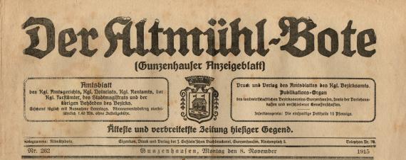 Zeitungskopf - Der Altmühlbote Newspaper head - title head - " Der Altmühlbote - Anzeigeblatt Gunzenhausen " from November 8, 1915