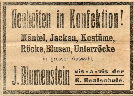 Werbeanzeige des Galanteriewarengeschäfts " J. Blumenstein " - erschienen in " Der Altmühlbote - Gunzenhauser Anzeigeblatt " - 8. November 1915