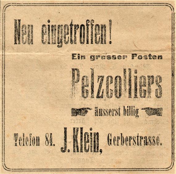 Werbeanzeige des " Damenbekleidung-Geschäfts Isaak Klein " von Gunzenhausen im Altmühl-Bote - Gunzenhauser Anzeigeblatt vom 6. November 1915