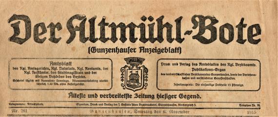 Zeitungskopf - Titelkopf  -  Der Altmühlbote - Gunzenhauser Anzeigenblatt - erschienen am 6. November 1915