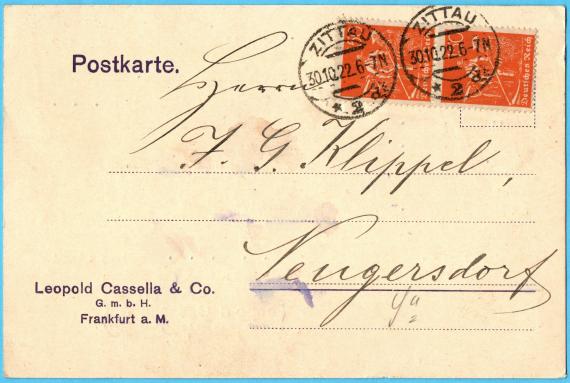 Business postcard " Leopold Cassella & Co. - G.m.b.H. ", Frankfurt a. M. - mailed October 30, 1922