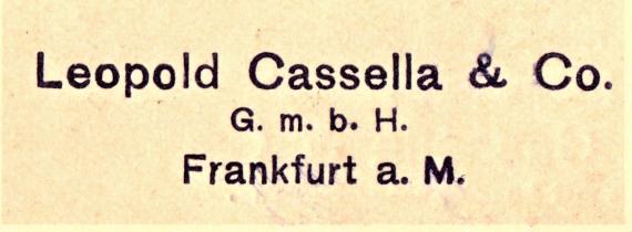 Business postcard " Leopold Cassella & Co. - G.m.b.H. ", Frankfurt a. M. - mailed on October 30, 1922 - detail enlargement company name