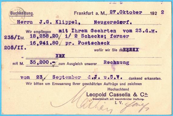 Business postcard " Leopold Cassella & Co. - G.m.b.H. ", Frankfurt a. M. - mailed October 30, 1922 - back of card