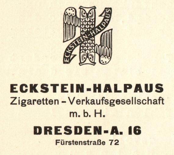 Business postcard of " Zigaretten - Verkaufsgesellschaft m.b.H. - Eckstein - Halpaus ", Dresden A. 16, Fürstenstraße 72 - mailed on September 19, 1932 - detail enlargement business address