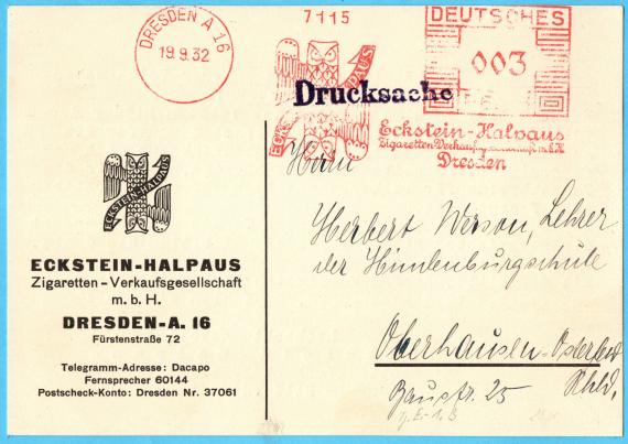 Geschäfts-Postkarte der " Zigaretten - Verkaufsgesellschaft m.b.H. - Eckstein - Halpaus ", Dresden A. 16, Fürstenstraße 72 - versandt am 19. September 1932 