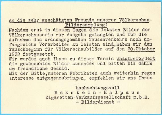 Business postcard of " Zigaretten - Verkaufsgesellschaft m.b.H. - Eckstein - Halpaus ", Dresden A. 16, Fürstenstraße 72 - mailed on September 19, 1932 - detail enlargement - back of card