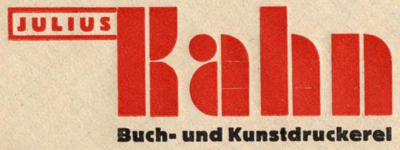 Geschäftsbriefumschlag  "Julius Kahn, Buch- und Kunstdruckerei, Hans Handwerkstr.32 " - versandt am 14. Dezember 1934 - Ausschnittvergrößerung Firmenname