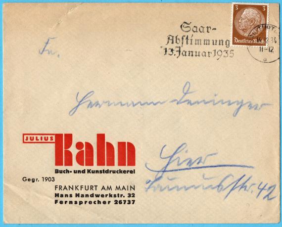 Geschäftsbriefumschlag  "Julius Kahn, Buch- und Kunstdruckerei, Hans Handwerkstr.32 " - versandt am 14. Dezember 1934 