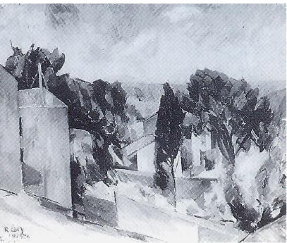 black and white painting of landscape with trees