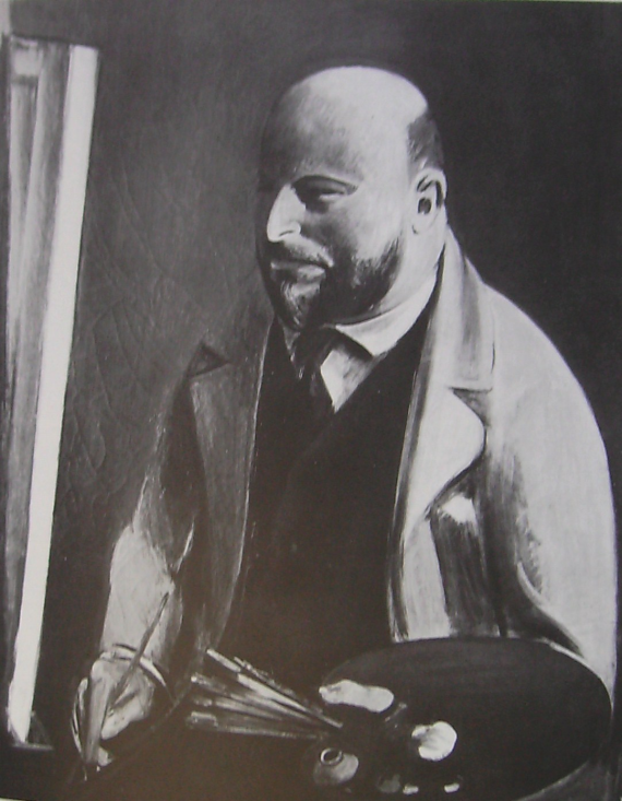 black and white photo from a painting, you can see a bald man in coat