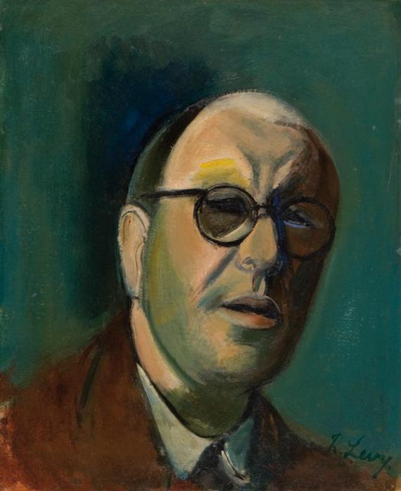 self-portrait in dark colors of a man with glasses and bald head