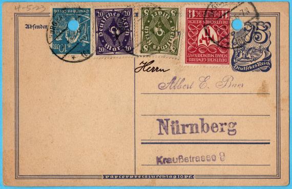 Postkarte geschäftlicher Art an Herrn " Albert E. Baer ", Nürnberg, Kreußstraße 9 - versandt am 5. April 1923