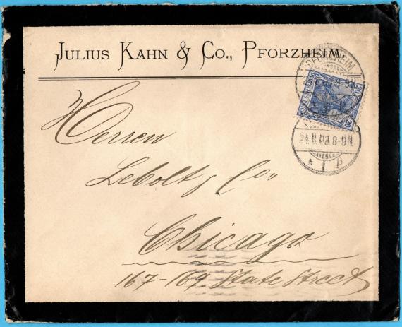 Briefumschlag - Julius Kahn & Co. Mourning envelope from " Julius Kahn & Co., Pforzheim " - sent to Chicago on August 24, 1923