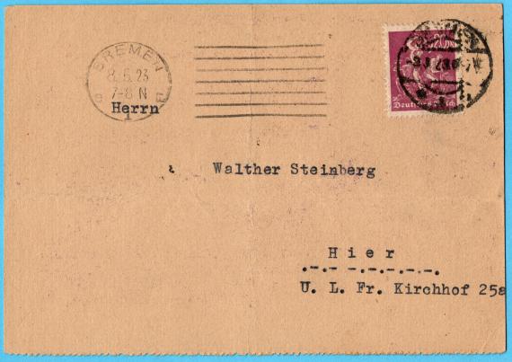 Postkarte geschäftlicher Art an Herrn Walther Steinberg, Bremen, U. L. Fr. Kirchhof 25a - versandt am 8. Mai 1923 