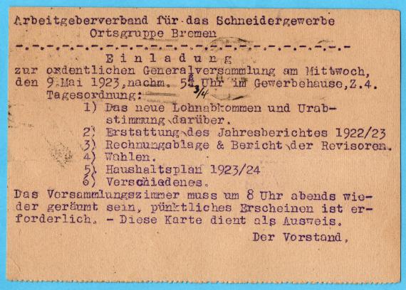 Postkarte geschäftlicher Art an Herrn Walther Steinberg, Bremen, U. L. Fr. Kirchhof 25a - versandt am 8. Mai 1923 - Kartenrückseite