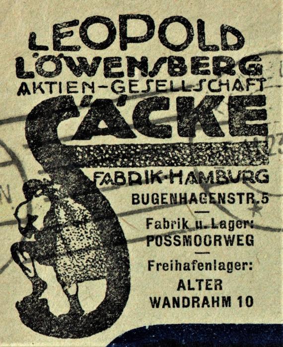 Geschäftsbriefumschlag " Leopold Löwenberg Aktien-Gesellschaft, Säcke Fabrik Hamburg, Bugenhagenstr. 5 - versandt am 5. November 1923 - Ausschnittvergrößerung Firmenlogo mit Anschrift