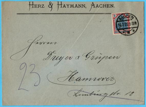 Geschäfts-Briefumschlag " Herz & Haymann, Aachen " - versandt am 16. Februar 1922 