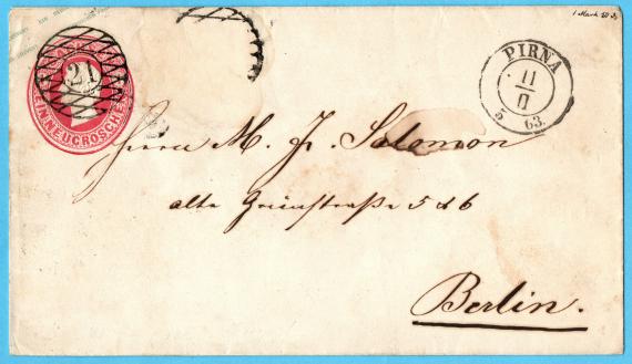 Envelope addressed to Mr. M. J. Salomon, alte Grünstraße 5 & 6, Berlin - mailed February 11, 1863.