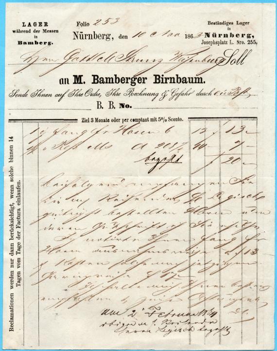 Rechnung-Lieferschein  von  " Max Bamberger Birnbaum, Nürnberg " - geschrieben am 10. November 1863  