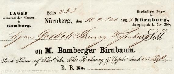 Rechnung-Lieferschein - Max Bamberger Birnbaum Invoice delivery bill from " Max Bamberger Birnbaum, Nuremberg " - written on November 10, 1863 - detail enlargement of invoice header