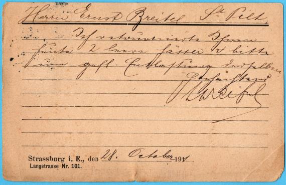 Business postcard from " L. Dreifuss, Strasbourg i. E. - wine wholesaler " - mailed on October 28, 1911 - back of card