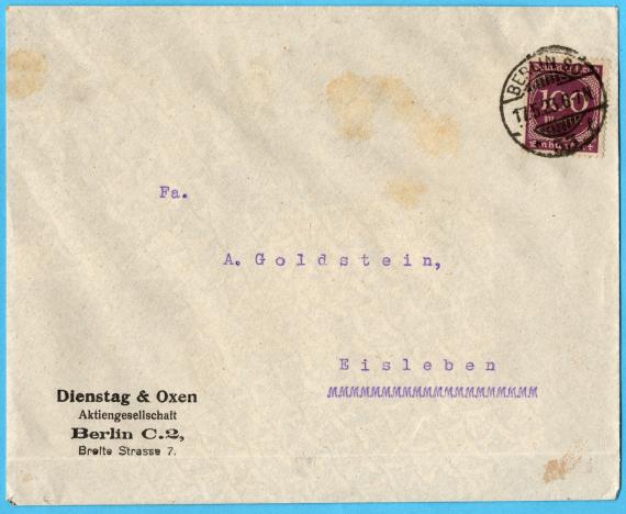 Envelope addressed to " Fa. A. Goldstein, Eisleben " - mailed May 17, 1923